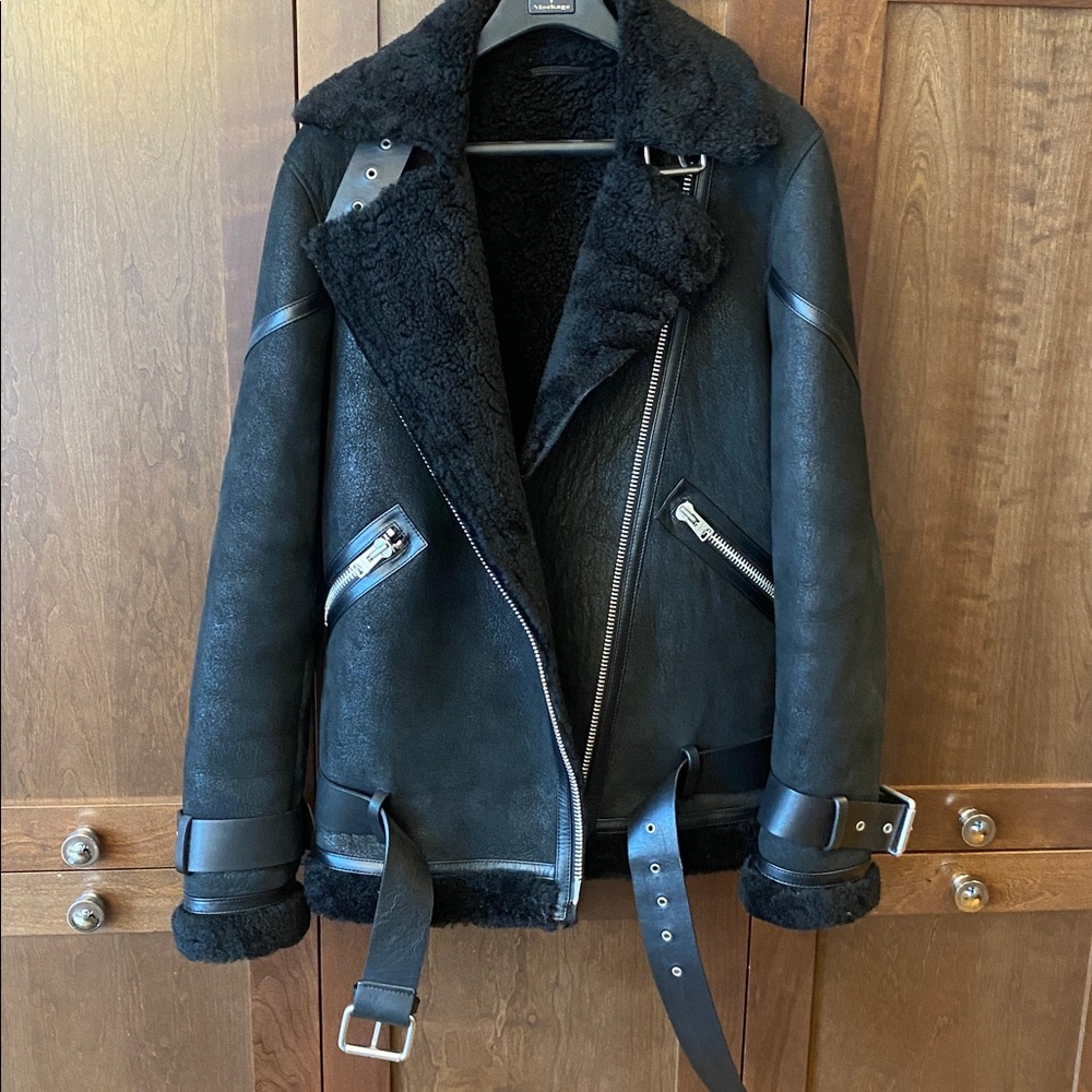 Women’s All Saints black Shearling Leather Hawley Moto Jacket - Picture 2 of 11